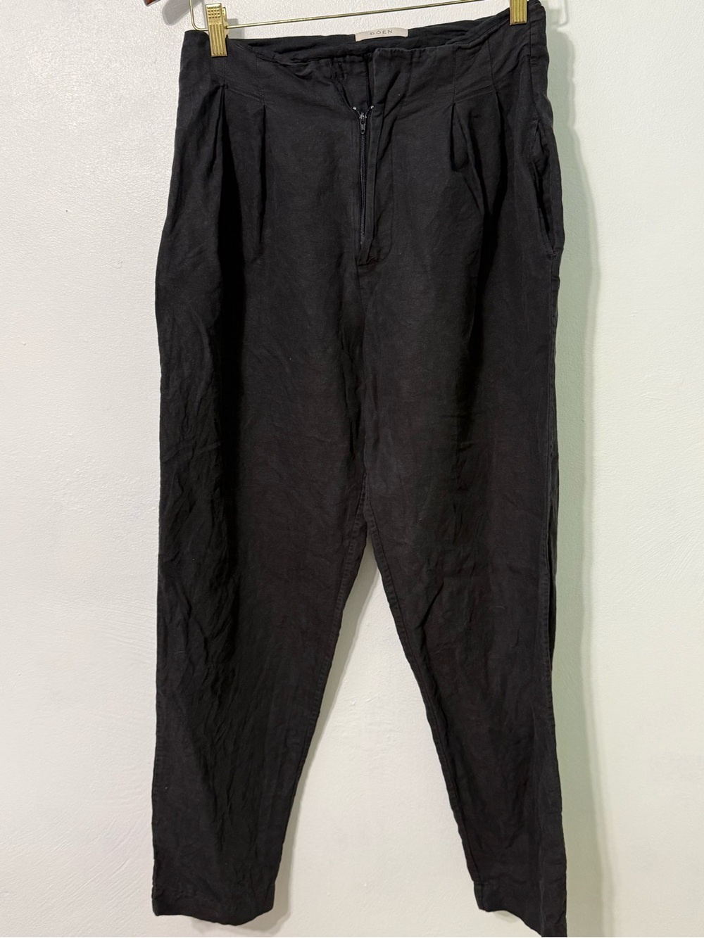Doen Black Pleated High-Rise Tapered Pants Linen Cotton *Flaw